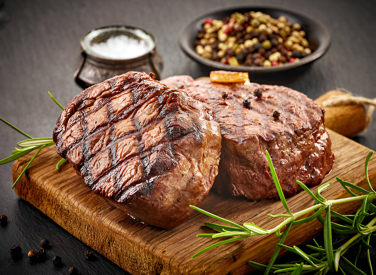 Grilled beef steaks stock photo